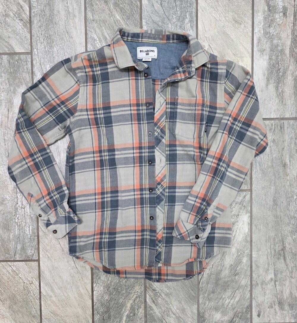 Billabong Mens M Flannel Hoodie Shirt Plaid Button Front Gray Orange Hooded Top